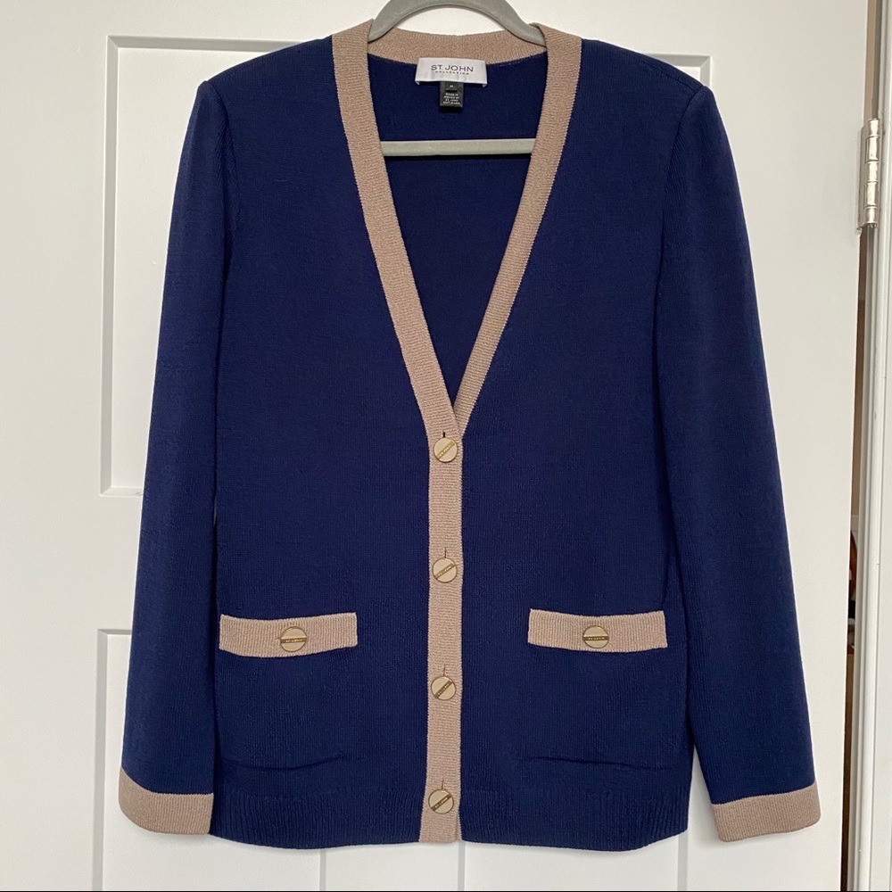 St. John Collection Blue Tan Wool Knit Cardigan M